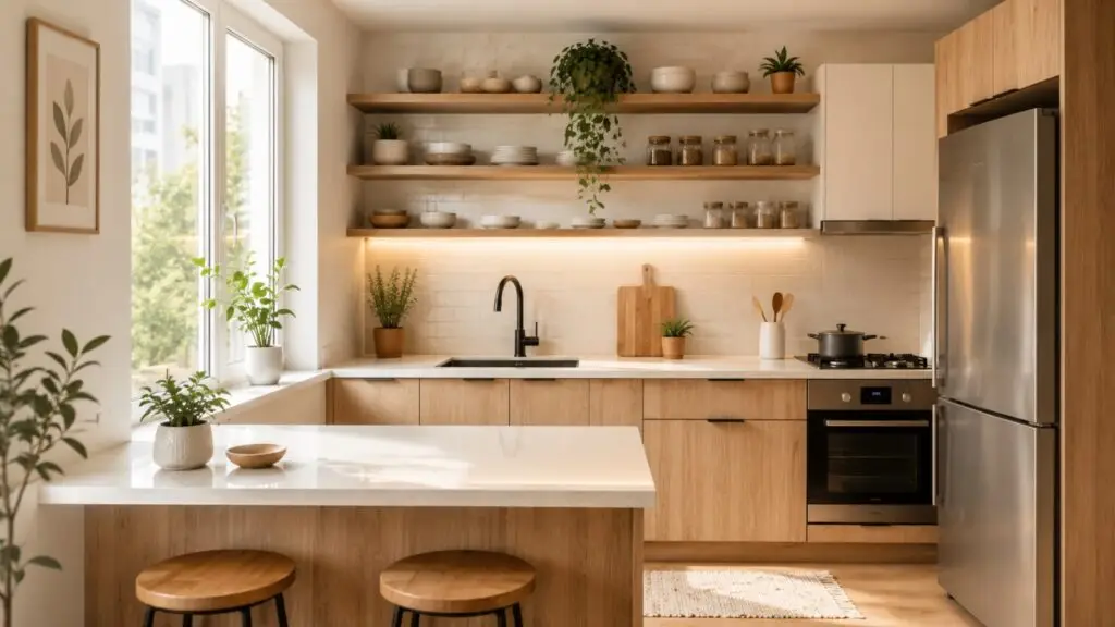 Modern small apartment kitchen with open shelving, white cabinets, and compact dining area.